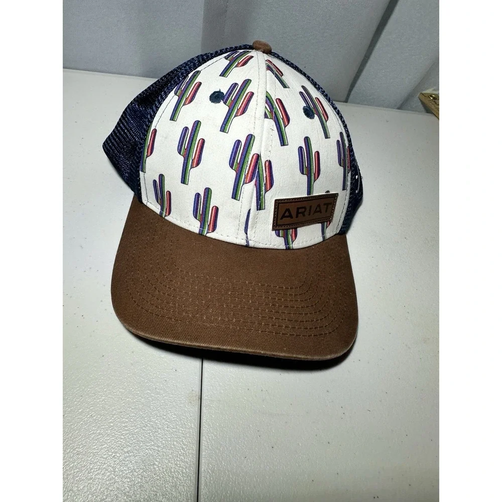 Ariat Cactus Print Trucker Hat Multicolor Western Snapback Brown Blue Mesh